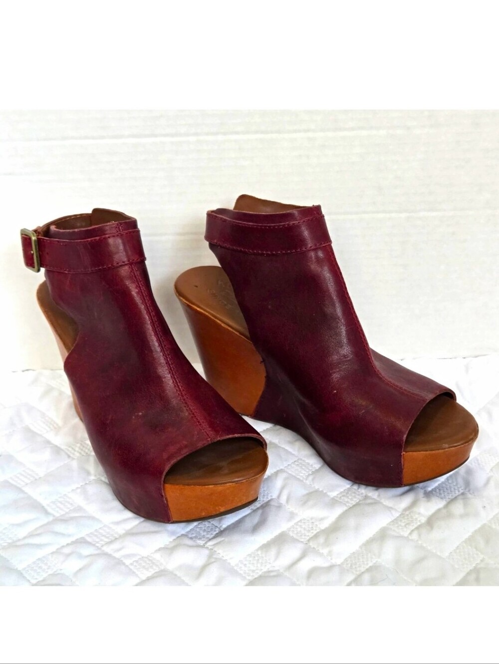 Kork-Ease Leather Wedge Platform Open Toe Ankle Strap Heels Burgundy 8